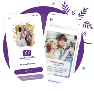 Digital wedding QR code on mobile phone for guest photo sharing