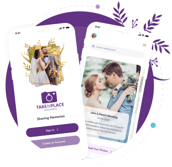 Digital wedding QR code on mobile phone for guest photo sharing