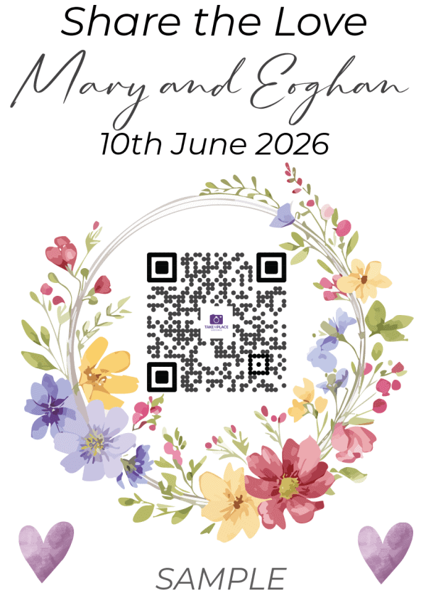 Iris floral wedding QR code tablecard for guest photo sharing