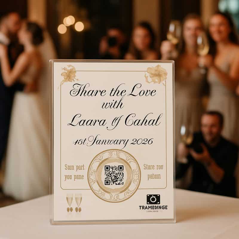 Elegant champagne wedding QR code cards on luxury table setting