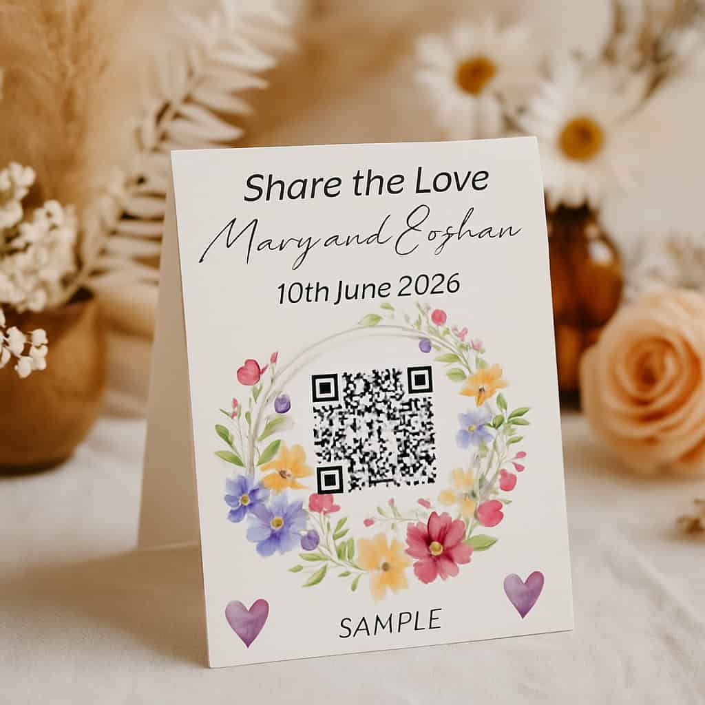 Bohemian spring wedding QR code cards with floral design for guest photo uploads