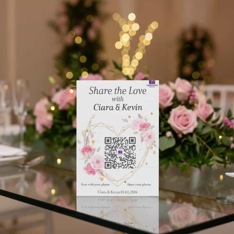Heart floral wedding QR code cards displayed on reception table for photo collection
