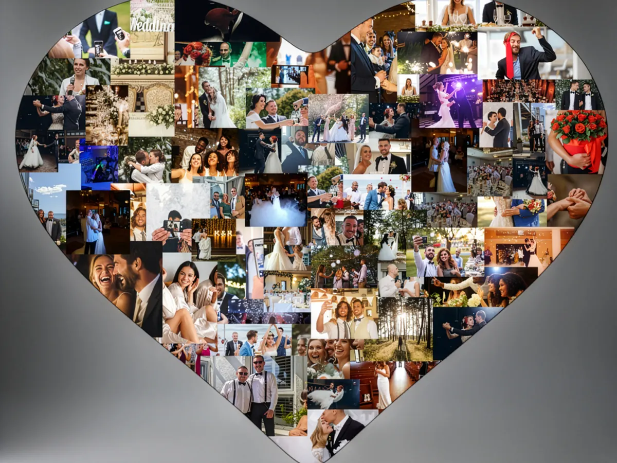 The takeNplace Photo Heart on a venue screen: a heart-shaped mosaic filling with wedding guests' photos during the reception