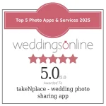 WeddingsOnline supplier badge, 5.0 rating