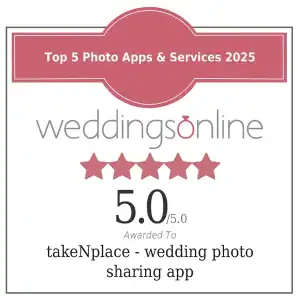 WeddingsOnline supplier badge, 5.0 rating